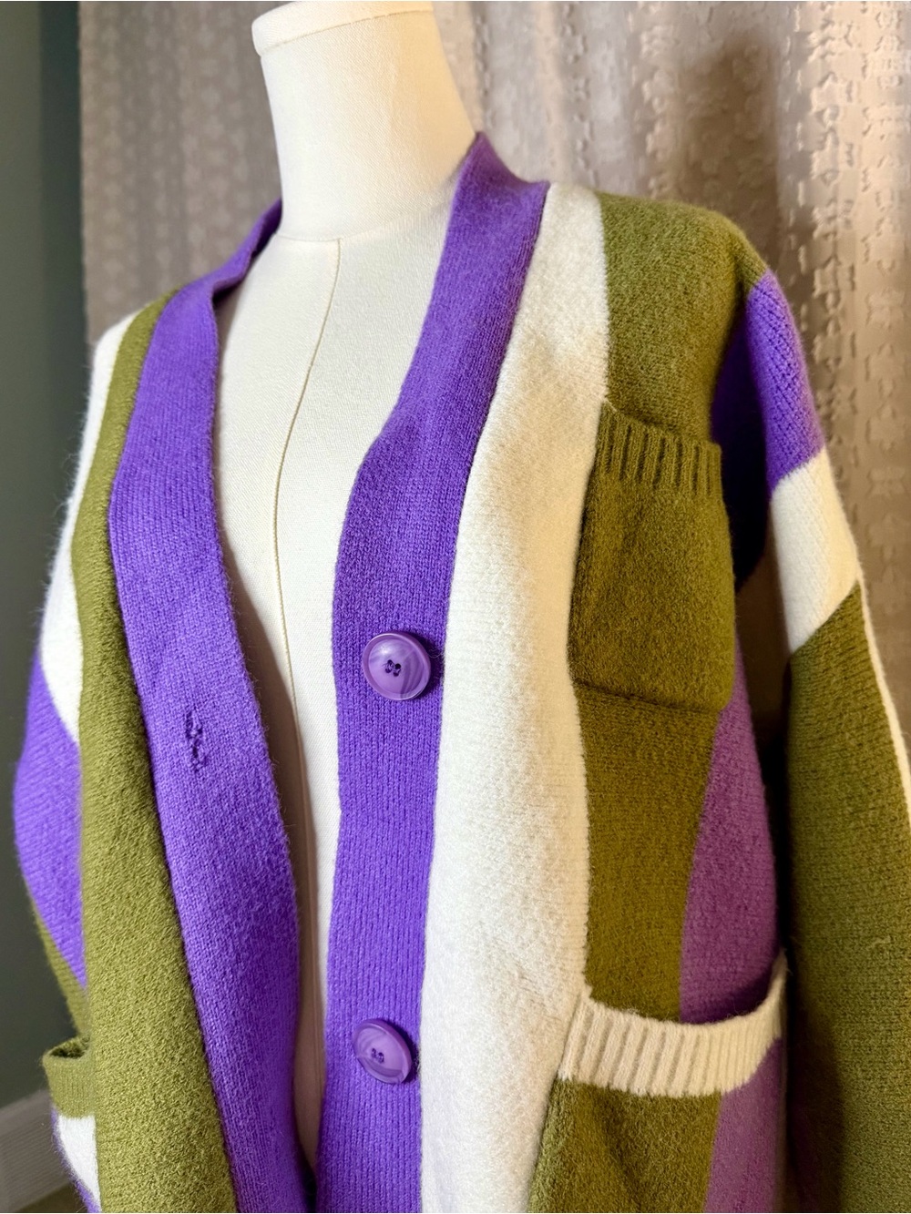 Striped Button-Front Cardigan in Olive, Purple & Cream - Picture 7 of 8